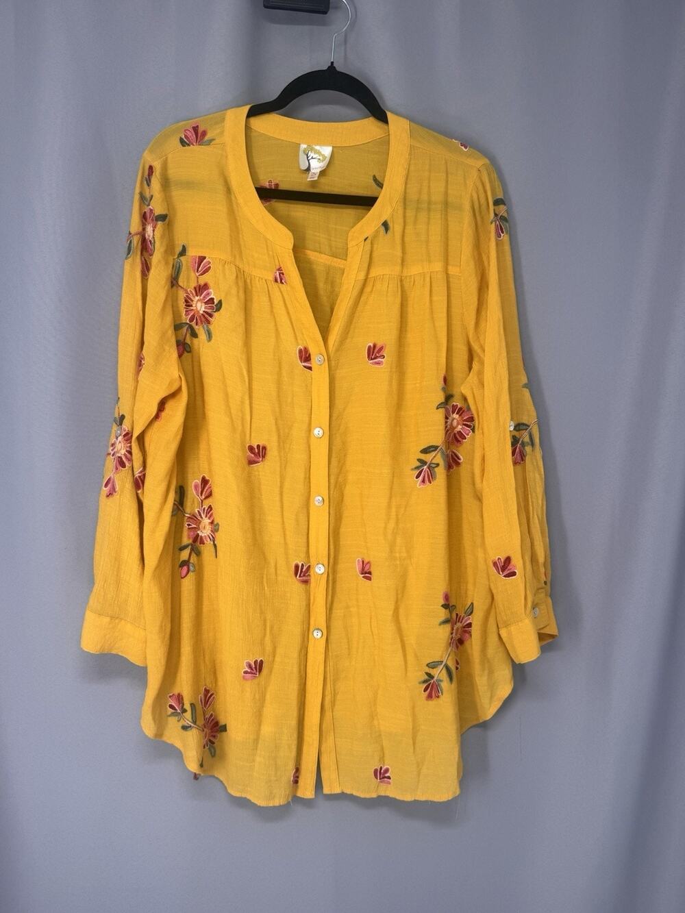 Fig & Flower Tunic Women Top 2X Yellow Embroidered Floral Boho Cottage Beach